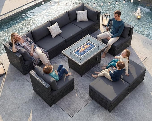 BULEXYARD 9 Pcs Highback Patio Furniture Set with Firepit, High-End Outdoor Sectional Couch with Ottoman 8-Seats, Cozy Comfy Wide Deep Deck Seating Group Conversation, Grey Rattan & Dark Gray Cushion