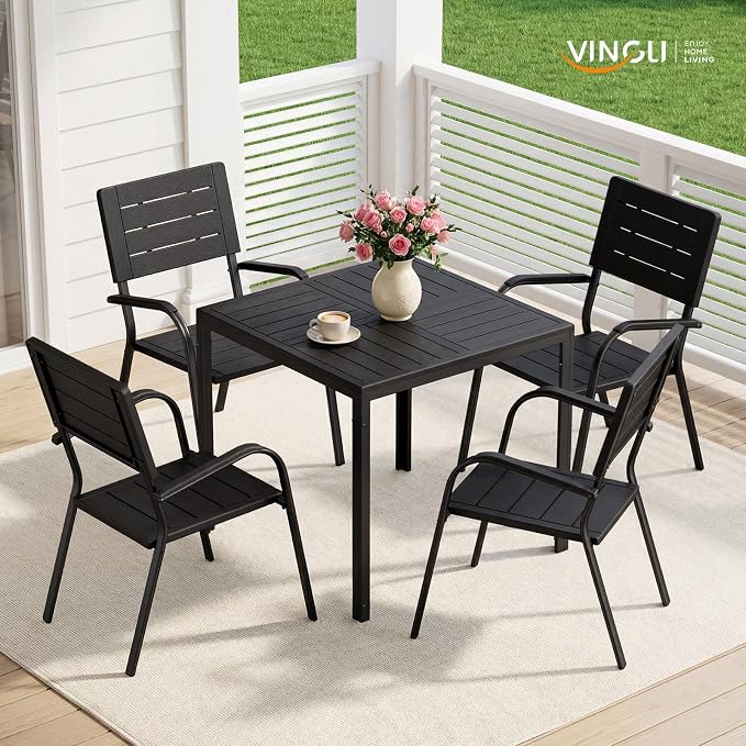 VINGLI Outdoor Patio Dining Set,5 Piece Square Table Patio Furniture Set,HDPE All-Weather Material Outdoor Dining Table and Chair for Garden, Backyard, Poolside,Black