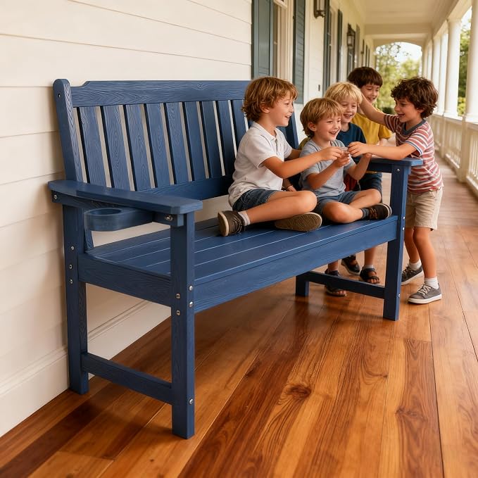 Outdoor Wooden Bench, 2-Person Garden Bench with Backrest and Armrests,Long Loveseat Bench for Garden,Porch,Courtyard, Home.(Blue)