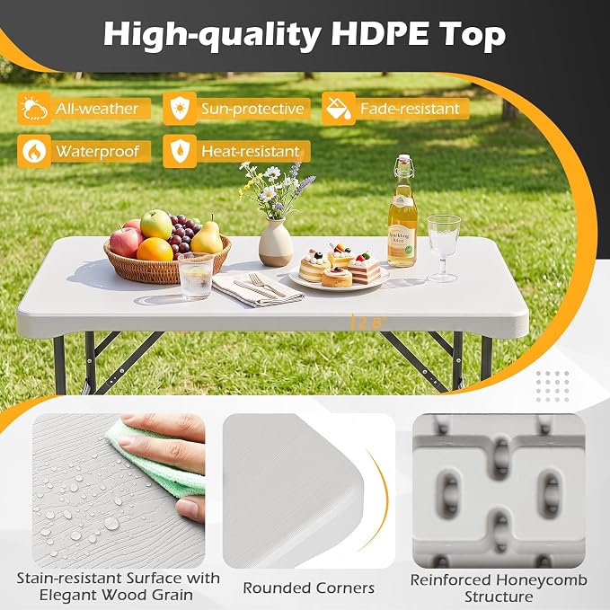 Giantex Folding Picnic Table Set w/ 2 Benches, 44" HDPE, White | Foldable Table & Chairs, All Weather Resistant, Space-Saving & Portable for Camping Party Dining BBQ, Large Weight Capacity