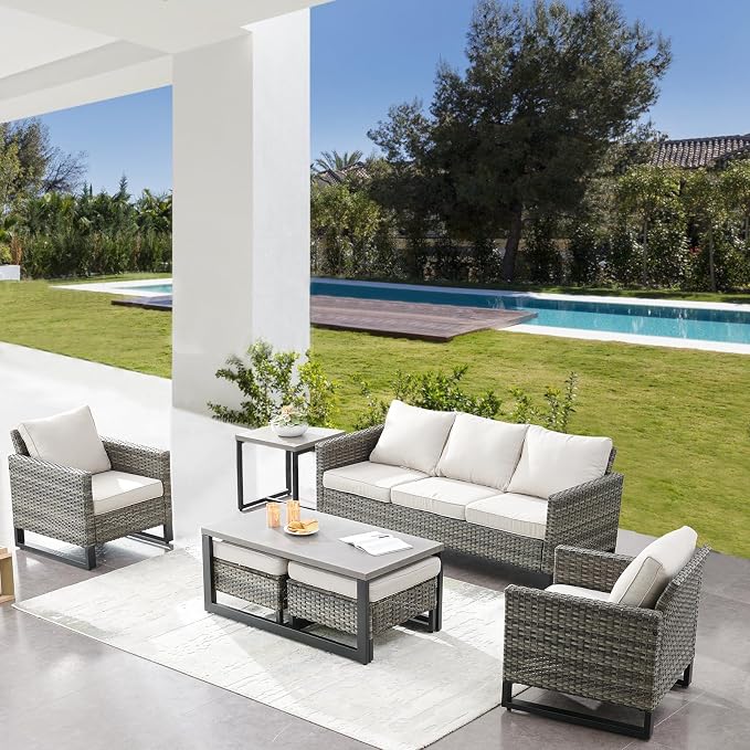 Belord 7 Piece Outdoor Furniture Patio Wicker Sofa Set Beige