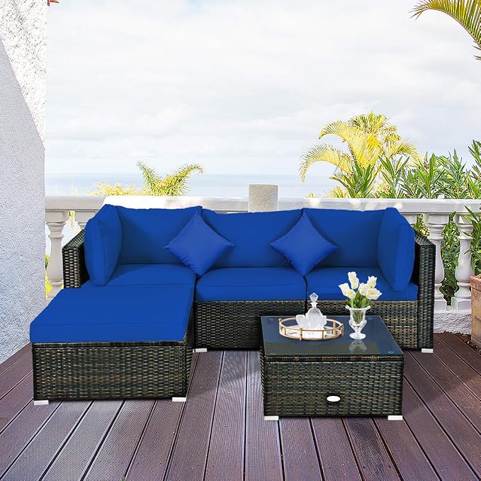 HAPPYGRILL 5 Pieces Patio Conversation Set, Outdoor Rattan Wicker Furniture Set, Sectional Sofa Ottoman Set with Coffee Table, Cushion, Pillow for Garden Lawn Balcony Backyard