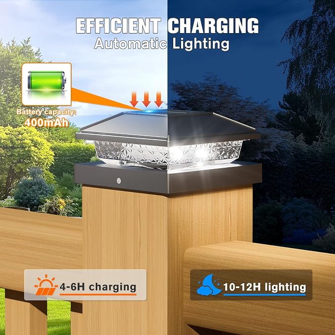 Solar Post Cap Lights,4x4 Post Solar Lights Cool White,Black 6 Pack | Fence Post Solar Lights for 4x4 Post Caps Wood Vinyl, IP64 Waterproof Solar Post Lights Outdoor, Solar Deck Post Lights