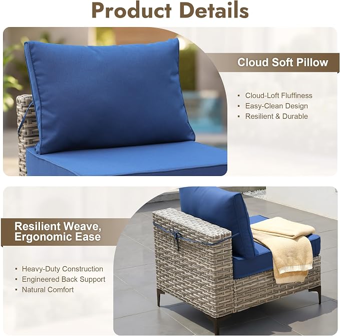 5 Pieces Patio Furniture Set with Solar Light Coffee Table, All-Weather Wicker Outdoor Sectional Conversation Sets L Shaped Sofas for Outside Porch Balcony Backyard Navy Blue