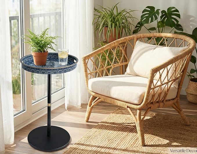 Gesodant Boho Single Leg Round Side Table with Tray Top, Pedestal Drink Table for Small Spaces, Aesthetic Accent Nightstand for Living Room, Bedroom, Corners, and Office (Blue Maze)