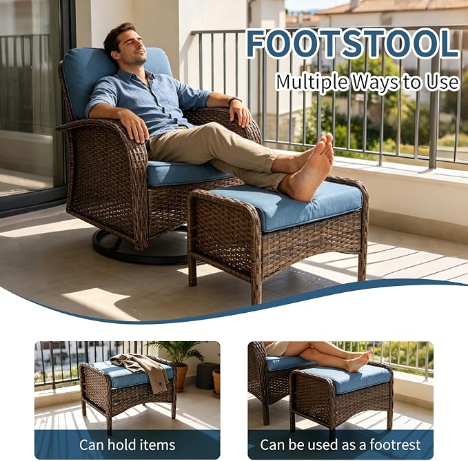 Outdoor Swivel Rocker Patio Chairs (Brown Wicker/Blue Cushion, 5PC/Swivel & Side Table & Ottomans)