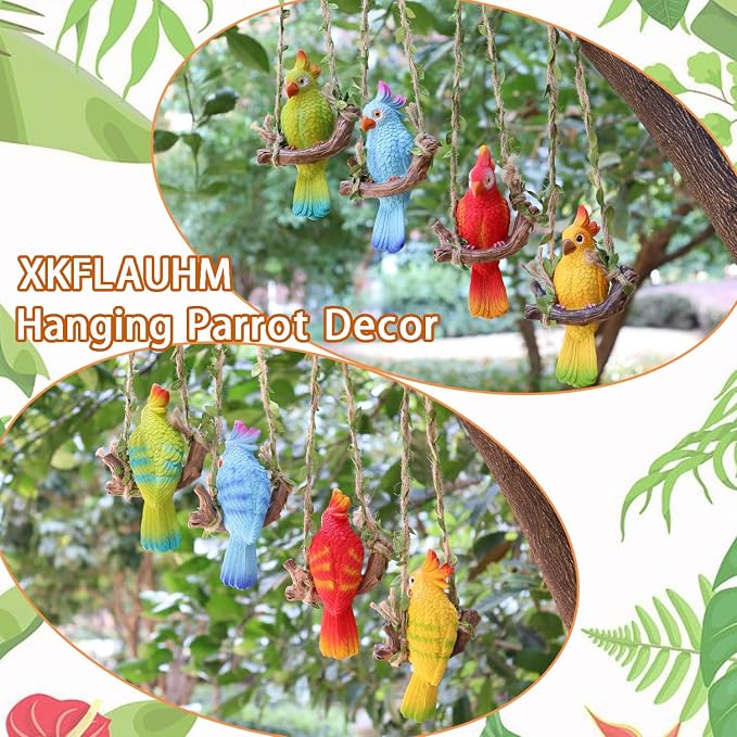 Hanging Parrot Garden Decor Tiki Bar Decorations Tropical Outdoor Hanging Bird Statue for Tree Plant Patio Lawn Yard Porch Balconies Decor(Blue)