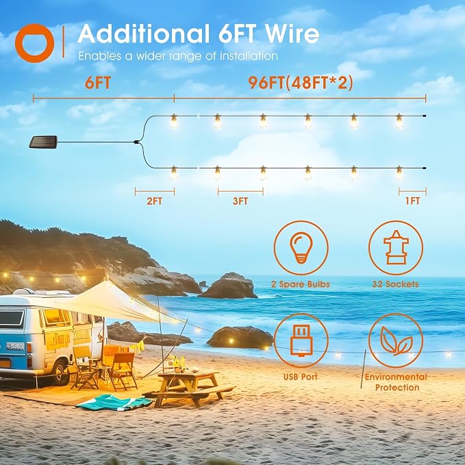addlon 102FT(96+6) Solar String Lights Outdoor, Last 20+ Hrs, USB Charging | IP65 Waterproof. Dimmable Timer via Remote. Memory, 3 Modes, 2700K Warm White. Easy Install for Patio, Backyard, Porch.