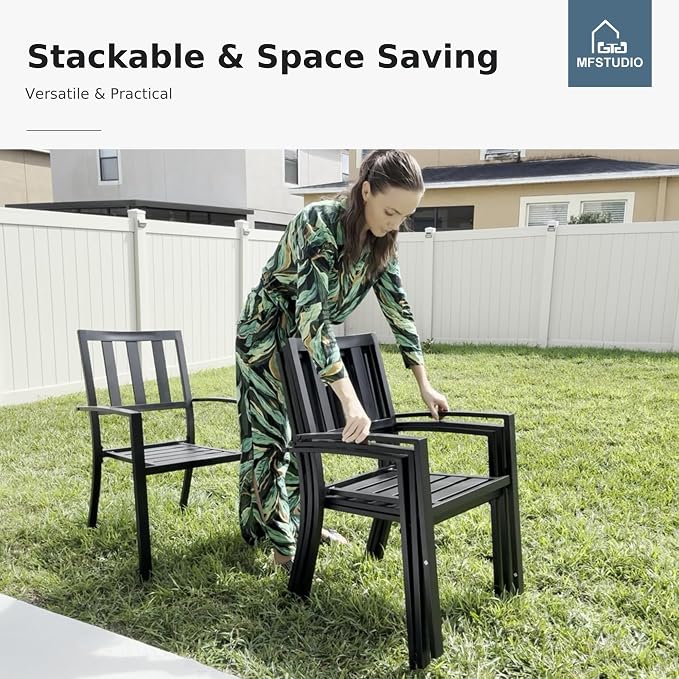 MFSTUDIO Patio Table and Chairs Set, Outdoor Dining Set for 6 with Umbrella Hole, 7 Piece Metal Outdoor Patio Furniture Set for Deck, Backyard, Poolside & Garden