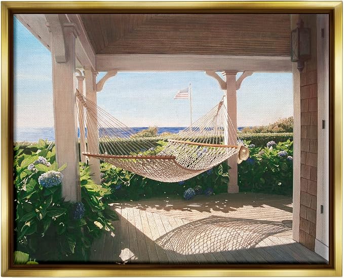 'Tranquil Hammock Warm Sunlit Porch Rural'| Floating Frame Canvas Art | Stupell Industries | Gold, 31 x 25 Inches, Easy to Hang and Sturdy, Made in USA, by Tom Mielko