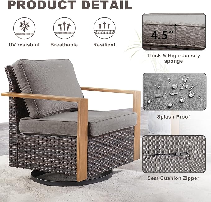 Rilyson Outdoor Wicker Patio Furniture Set - 8 Piece Patio Conversation Set with 4 Wicker Swivel Rocker Chairs,2 Rattan Ottoman 1 Side Table and 1 Couch,Thick Cushions,Deep Seating(Brown/Grey)