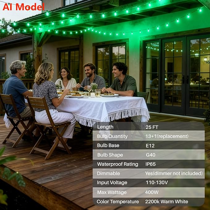 25 FT Green Outdoor String Lights,13 Plastic Edison Bulbs, E12 Base | G40 globe shatterproof bulbs, IP65 waterproof, dimmable LED, for backyard porch balcony party decor