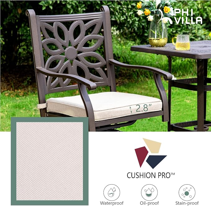 PHI VILLA 3-Piece Patio Bistro Set, 32" Round Cast Aluminum Table, Bronze | Cushions Chairs, Fixed Chairs, Umbrella Hole, All-Weather Use, Armrests