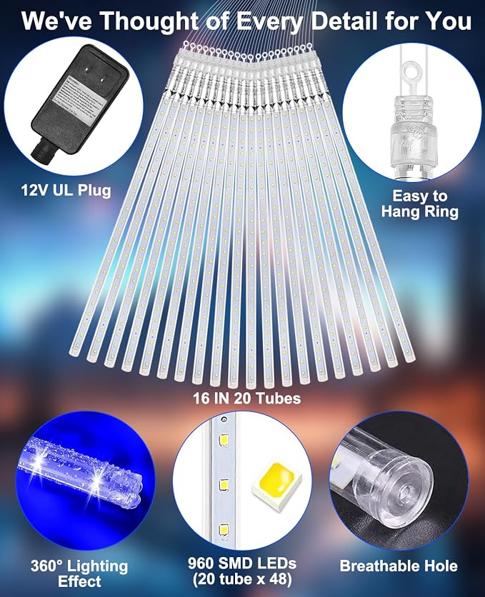 Christmas Lights Outdoor 16" 20 Tube 960 LEDs, Blue | Meteor Shower Rain String Lighting LED Icicle Tree String Decor for Halloween Yard Party Patio Xmas Decoration