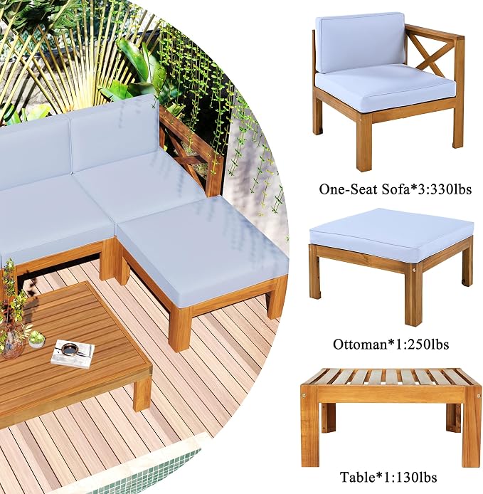 VilroCaz Acacia Wood 5-Piece Patio Sectional Sofa Set, All-Weather Outdoor Conversation Set, Corner Design Patio Set with Coffee Table and Updated Cushions for Backyard Porch Courtyard Poolside