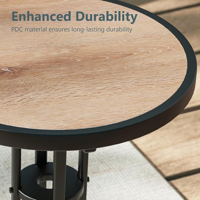Outdoor Side Table with Wood-Like PDC Top, 17" Small Round Side Table Metal Patio End Table with Steel Frame for Balcony Garden Porch Deck Indoor