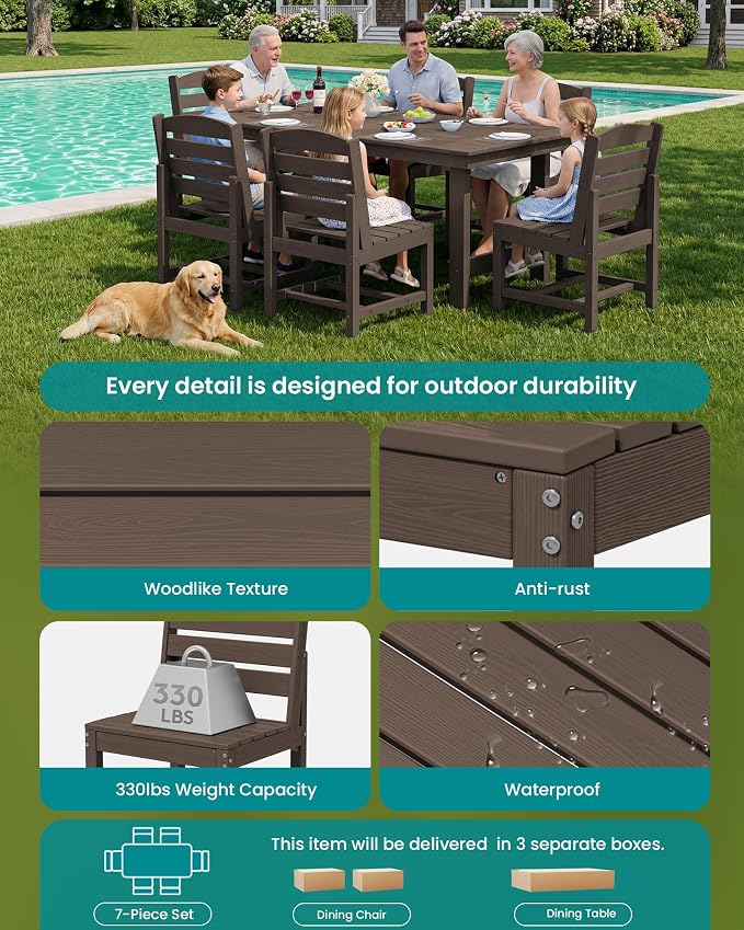 SERWALL 7-Pc HDPE Patio Dining Set, 1 Table & 6 Armless Chairs, Coffee | HDPE Outdoor Dining Set with Rectangular Table & 6 Armless Chairs, All-Weather Resistant SERWALL Dining Set for 6
