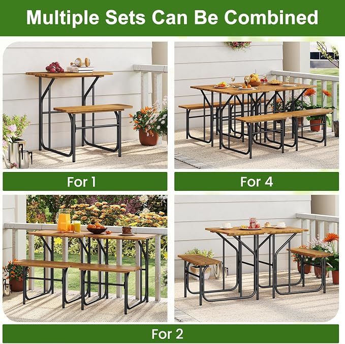HAPPYGRILL Acacia Wood Picnic Table Bench Set, Dining Table and Bench Set with Heavy Duty Metal Frame, for Patio Porch Garden and Backyard