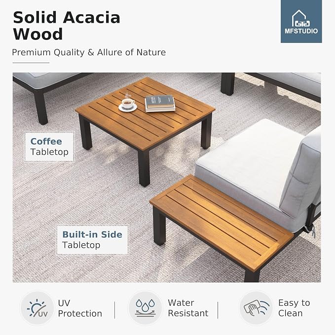 MFSTUDIO 4 Pieces Outdoor Sectional with Cushion, Metal L-Shaped Outdoor Patio Furniture Set with Side Table, Modular Patio Conversation Set, Modern Backyard Furniture for Deck,Garden