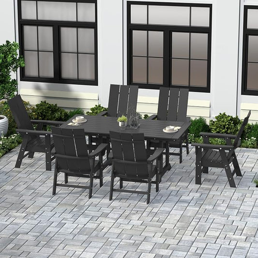WestinTrends Ashore 7 Pieces Adirondack Outdoor Dining Set, All Weather Poly Lumber Slatted Modern Farmhouse Outdoor Furniture Set, 71" Trestle Dining Table and 6 Adirondack Dining Chair, Gray