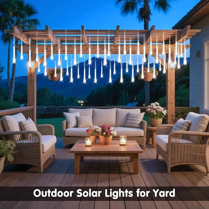 JMEXSUSS White Solar Lights Outdoor, Solar Meteor Shower Lights Outdoor | 8 Tube 144 LED Christmas Lights for Tree Wedding Xmas Holiday Party Patio Gazebo Decor