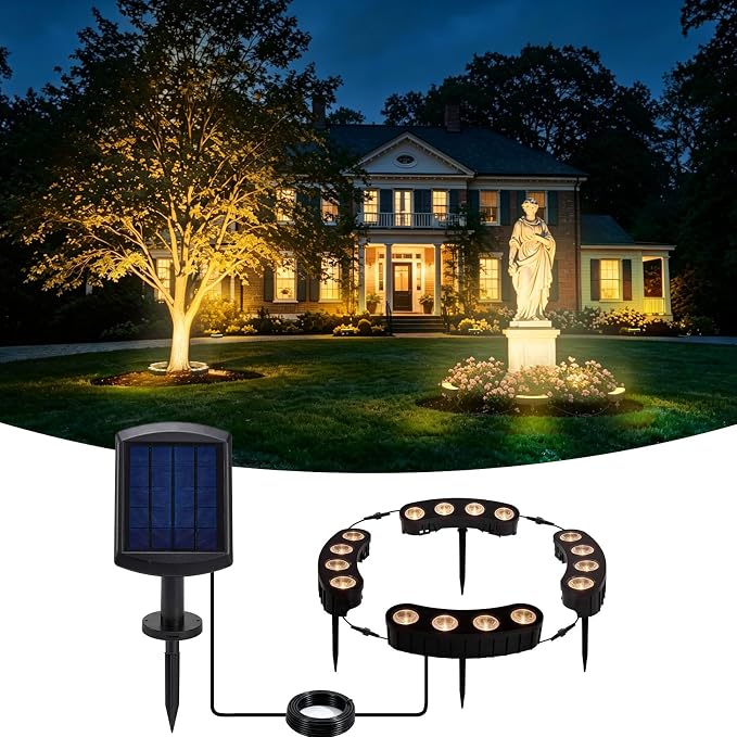 Sublume Solar Tree Lights, Outdoor Ring Landscape Spotlights, Warm White | 16 COB LED, 3-in-1 (Sticked/Tied/Hang), 33FT Cable, IP65 Waterproof, 4000Mah Uplights for PalmTree, Flag Pole, Garden