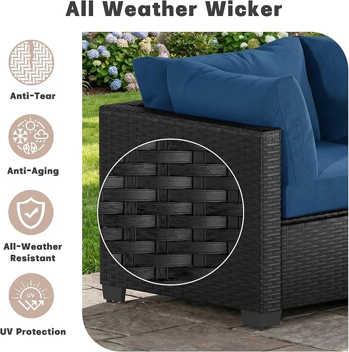 Patio Furniture Set 7 Pieces Conversation Set Wicker Outdoor Sectional Sofa,Ergonomic Armrests Couch with Cushion and Glass Table (Black-Peacock Blue, 7 Piece-Single)