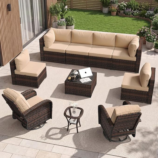 Aoxun 10 Piece Outdoor Patio Furniture Set with Coffee Table, Wicker Rattan Outdoor Furniture with High Back Swivel Rocker Chairs, Outdoor Conversation Set with Thick Cushion & Ottoman, Beige