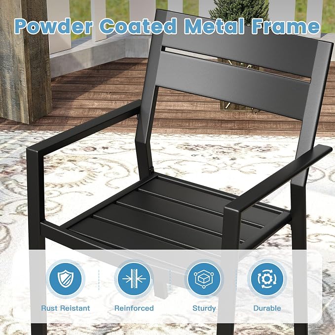DIFY 7 Piece Outdoor Patio Dining Set for 6, 47.2" Round Dining Table with Umbrella Hole and Stackable Metal Chairs, Patio Table and Chairs Set for Backyard Garden Poolside, Black