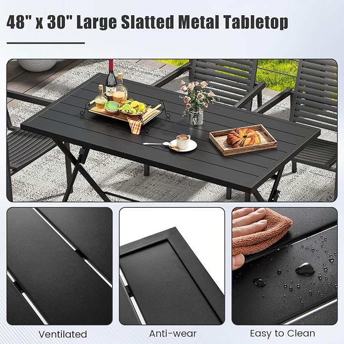 Giantex Folding Outdoor Dining Table for 4-6 Person, 48"x30" Rectangular Metal Patio Table with Large Tabletop, Foldable Outside Dinner Table for Garden Backyard Picnic (Black)