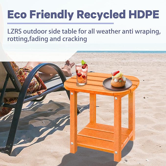 LZRS Patio End Table, Heavy Duty HDPE Outdoor Coffee Table with Wood Texture, Weatherproof Composite Table for Adirondack Chairs, Deck, Pool, Indoor/Outdoor, No Peeling Cracking(Orange)
