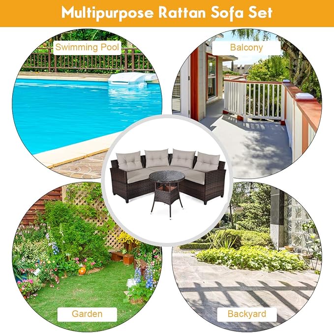 HAPPYGRILL 4 Pieces Rattan Patio Conversation Set, Outdoor Wicker Furniture Set with Cushioned Sofas and Coffee Table, L-Shape Sectional Curved Sofa Set for Garden Poolside Balcony