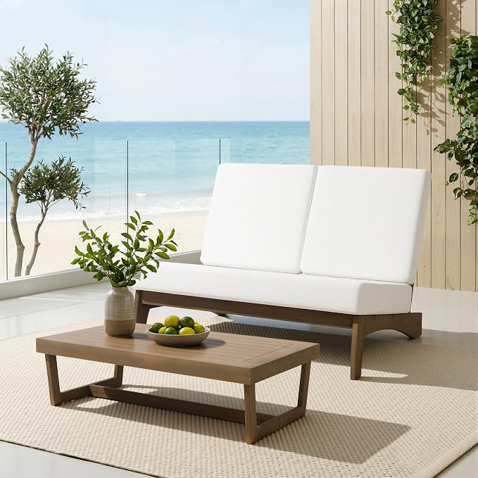 All Weather Wood Patio Furniture Sets, 3 Pieces Patio Loveseat Sofa Outdoor Sectional Futniture Backyard Conversation Set with Solid Wooden Coffee Table - Beige