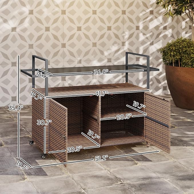 Outsunny PE Rattan Outdoor Storage Cabinet, Wicker Outdoor Bar Table Kitchen Island with Wheels & 2-Tier Shelf, Patio Serving Cart with Glass Top, Handles, Towel Racks for Poolside, Mixed Brown