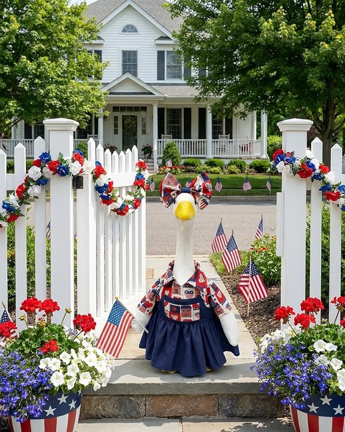 4th of July Porch Goose Outfit with Flag & Bow, 23" Patriotic Lawn Cement Goose Clothes for Independence Memorial Day, US 250th Anniversary Decoration, Best Gift for Mom Grandma