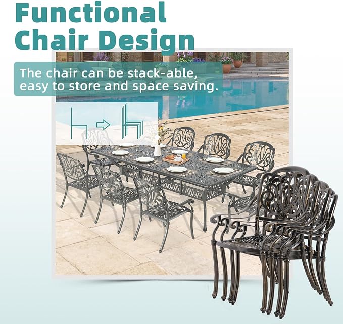 MEETWARM 9-Piece Outdoor Patio Dining Set for 8, All Weather Cast Aluminum Patio Funiture Set- 94.5” Rectangular Table with 2" Umbrella Hole and 8 Chairs, Patio Table and Chairs Set, Dark Bronze