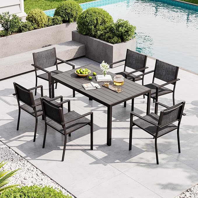 Aoxun 8-Piece Patio Table and Chairs Set & 15ft Patio Umbrella for 6, All Weather Outdoor Dining Set with 6 Textilene Chairs and 1 Rectangular Metal Table for Backyard, Garden, Grey/Blue