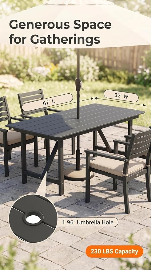 Amopatio Patio Outdoor Dining Table for 6 All Weather HDPE Rectangular Table with Umbrella Hole for Porch Deck Garden Backyard Poolside