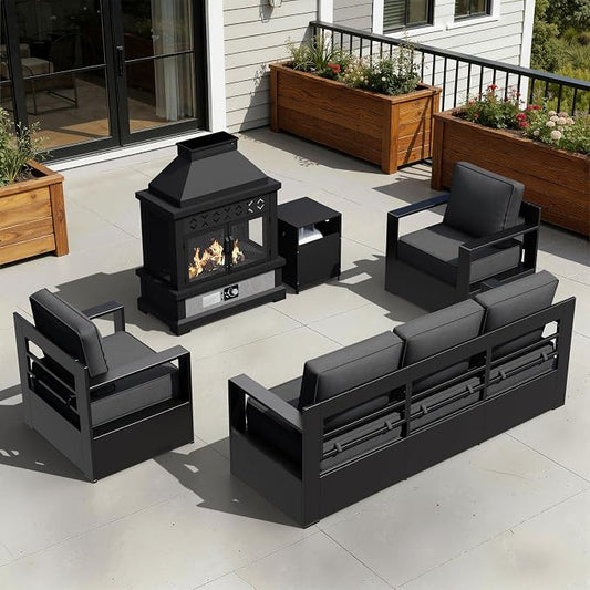 Outdoor Aluminum Furniture Set, 4-Piece Patio Conversation Set, 2 Chairs, 1 Sofa and 1 Fireplace, All-Weather Metal Frame, 6" Thick Removable Cushions, Deep Setting for Garden, Poolside and Porch