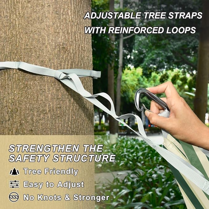 Camping Hammock Outdoor Hammocks for Outside Stripe Green Cream Beach Trees Portable Lightweight with Pockets Tree Straps Indoor