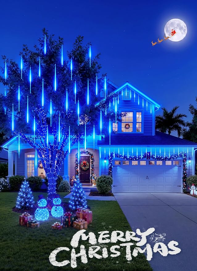 Meteor Shower Lights Outdoor, 16Inch 20 Tube 720 LED Icicle Christmas Light | Waterproof Meteor Christmas Light Outdoor, Hanging Falling Rain Light for Tree Bushes Holiday Party Christmas Decor, Blue