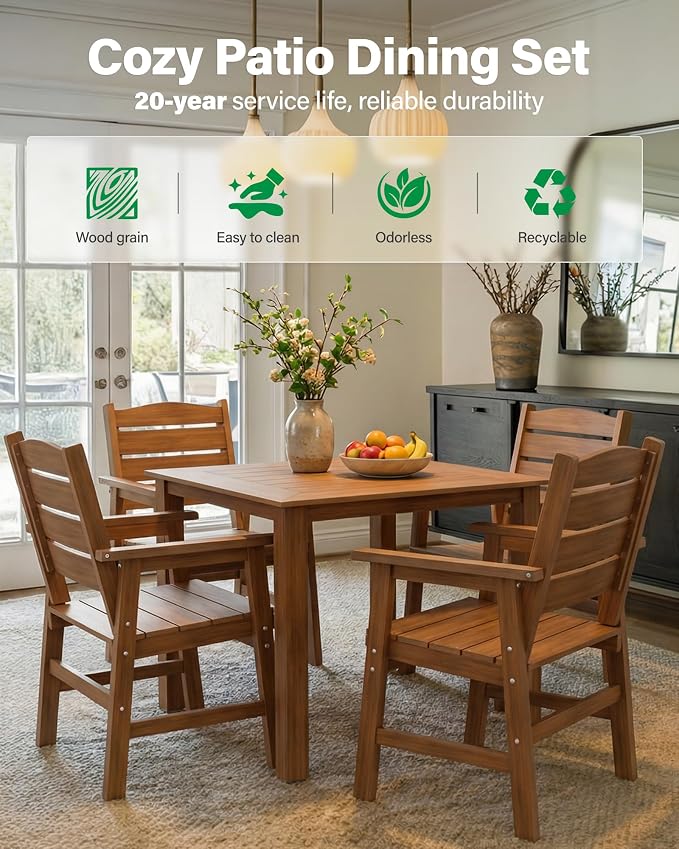 YEFU Patio Dining Chairs Set of 2： Modern All Weather Outdoor Dining Chairs - HIPS Plastic Patio Outdoor Chairs Waterproof Easy-Clean - Patio Furniture for Poolside Garden Yard(Teak)