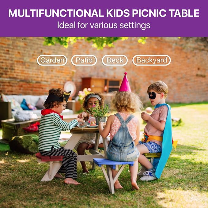 Plum® Kids Picnic Table - Wooden Toddler Table and Chairs Set, Outdoor Furniture for Patio, Garden, Backyard Dining & Activity, 4 Built-in Benches, Sturdy, Durable, Weatherproof, Ages 3+, Natural