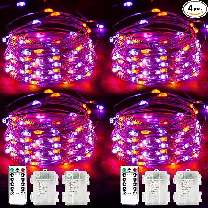 Halloween Fairy Lights Battery Operated 100 LED 33FT 4 Pack Orange Purple | Timer, 8 Modes, Remote Control, Brightness Adjustable Waterproof Twinkle Lights for Indoor Outdoor Party Cpreepy decorations