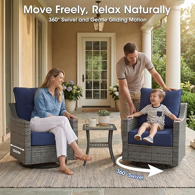 5 Piece Patio Furniture Set, Grey Wicker Outdoor Conversation Set with 2 Swivel Rocker Chairs, 2 Ottomans and Side Table, 6-Inch Thick Cushions, Blue Olefin Covers for Patio, Porch