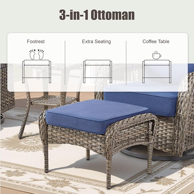 Patio Furniture Set, All Weather 3 PCS Wicker Outdoor Small Sectional Set, 5" Thick Rattan Conversation Set with 3-seat Sofa and Ottoman for Lawn, Garden, Blue/Gray Wicker