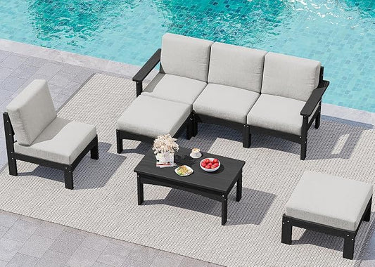 SERWALL HDPE Patio Furniture Set,7 Pieces Patio Conversation Set, All-Weather Modular Patio Sofa Set with Removable Cushions and Coffee Table for Deck, Garden, Porch, Black Frame with Khaki Cushion