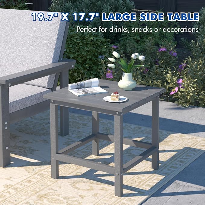 3-Piece HDPE Patio Furniture Set, All-Weather Outdoor Sectional Sofa Set with Side Table & Cushions - Wood-Like Composite Conversation Couch for Deck, Lawn, Balcony - Grey Frame