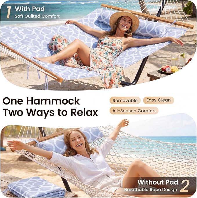 Everyfun 2 Person Hammock with Stand, Heavy Duty Double Cotton Rope Hammock with Removable Quilted Pad & Pillow, 500 LBS Adjustable Steel Frame, Tool-Free, Carry Bag for Outside Patio Yard, White-Gray