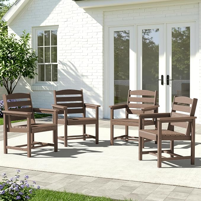 KINGYES All Weather Outdoor Dining Chairs Set of 4, HDPE Oversized Patio Chairs, Brown